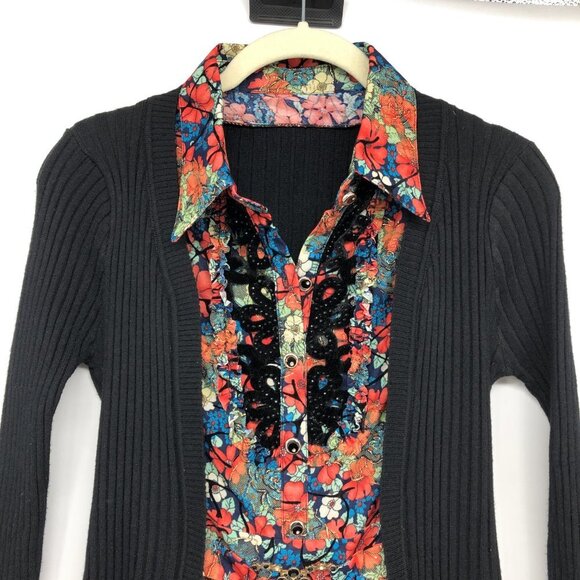 Red Multicolor Floral Silk Blend Collared tunic Attached Black Cardigan Set - Picture 3 of 15